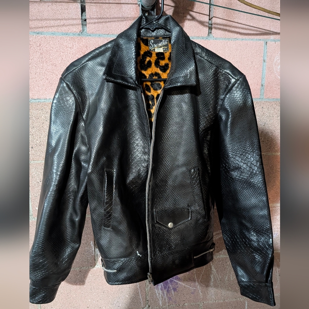 Black Leather Bomber Jacket with Animal Print Lining